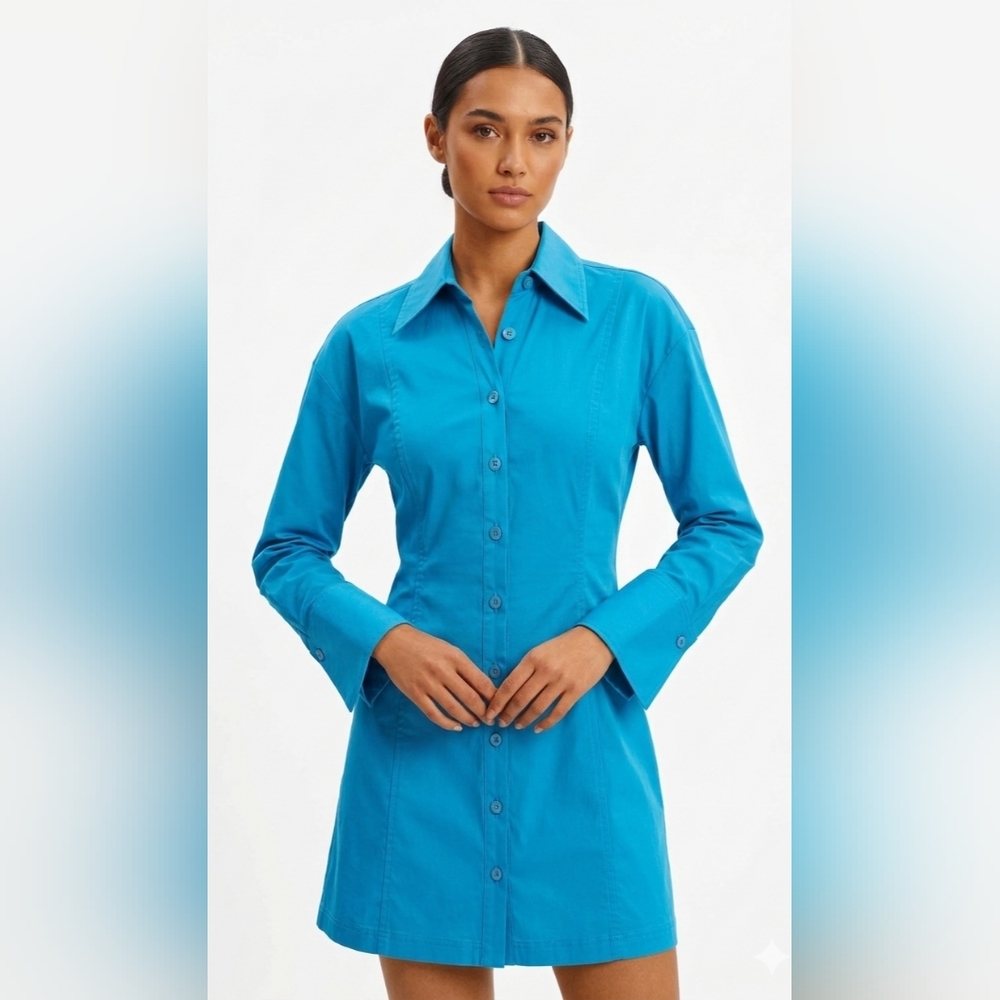 Zara Bright Teal Button-Down Fitted T-Shirt Dress S